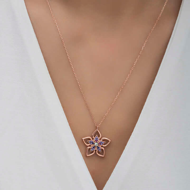 Rose Gold Tone Flower Necklace - Sparkling Multi-Stone Floral Design