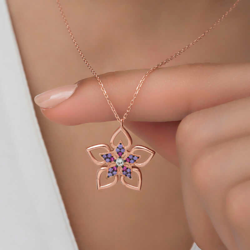 Rose Gold Tone Flower Necklace - Sparkling Multi-Stone Floral Design