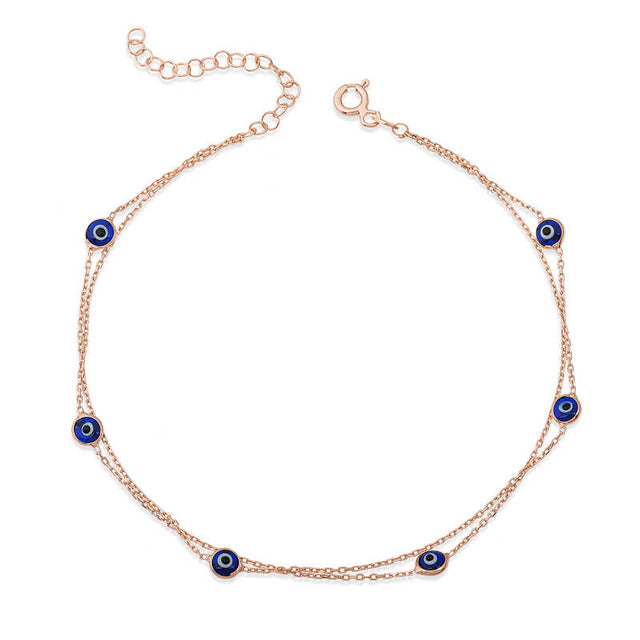 Rose Gold Plated Double Chain Evil Eye Charm Bracelet