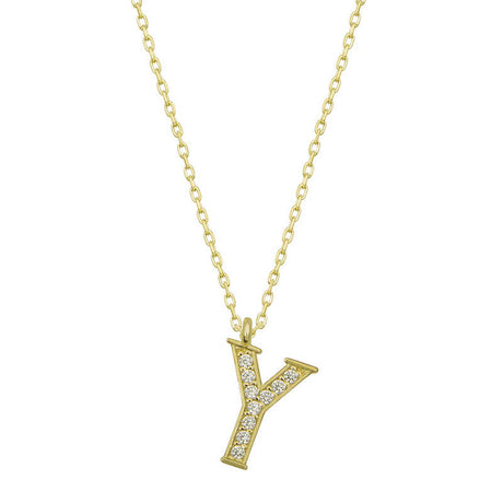 Gold Plated Sterling Silver Y Initial Necklace with Cubic Zirconia
