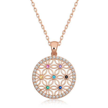 Necklace - Rose Gold Tone Flower of Life Pendant with Colorful Stones