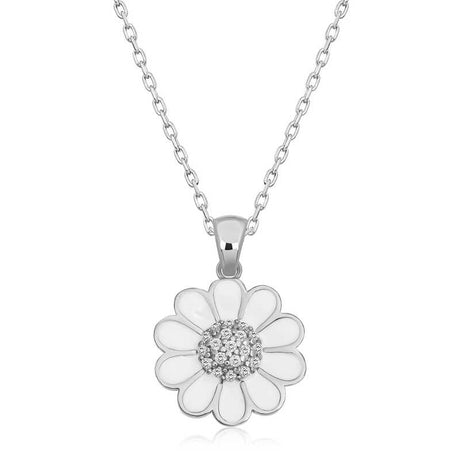 Sterling Silver Daisy Charm Necklace - White Enamel & CZ