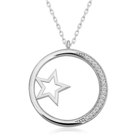 Sterling Silver Necklace - Sparkling Star & Circle Pendant