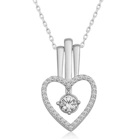 Sterling Silver Heart Necklace - Dazzling Solitaire & Pavé Pendant