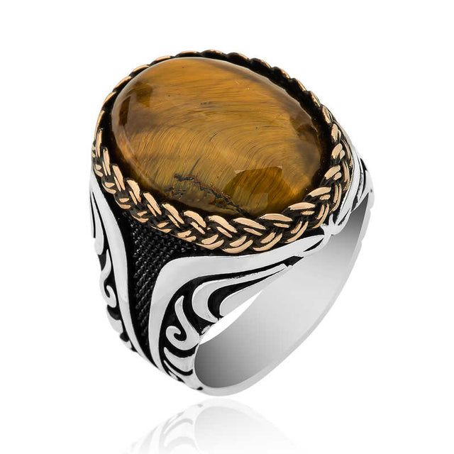 Sterling Silver Mens Oval Tiger Eye Ring
