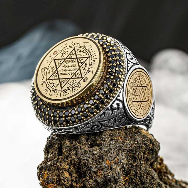 Artisan Silver Seal of Solomon Men's Ring with Zircon Accents