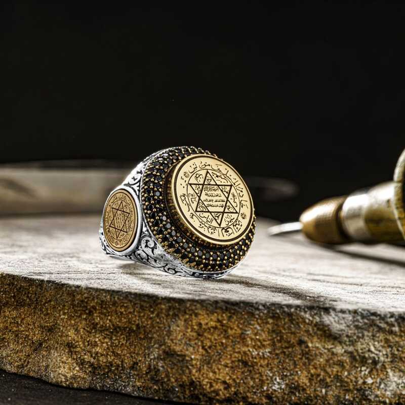 Artisan Silver Seal of Solomon Men's Ring with Zircon Accents