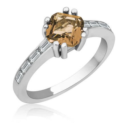 Sterling Silver Ring - Champagne Brown Solitaire with Baguette Accents