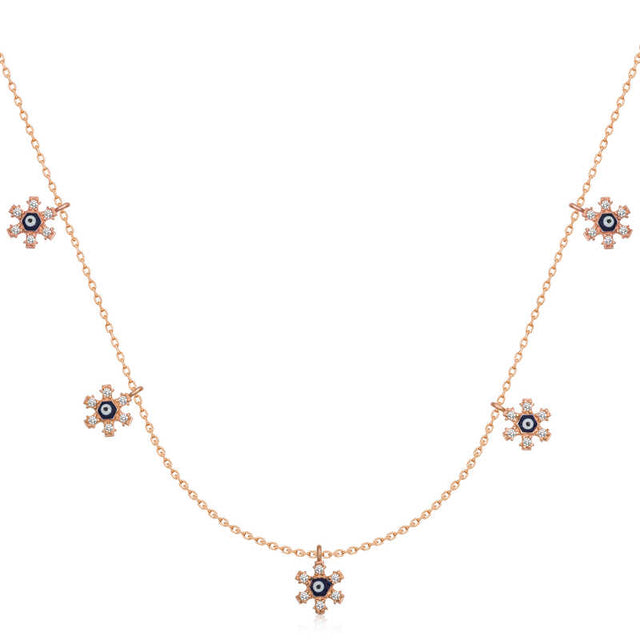 Rose Gold Plated Necklace - Dainty Floral Evil Eye Charm