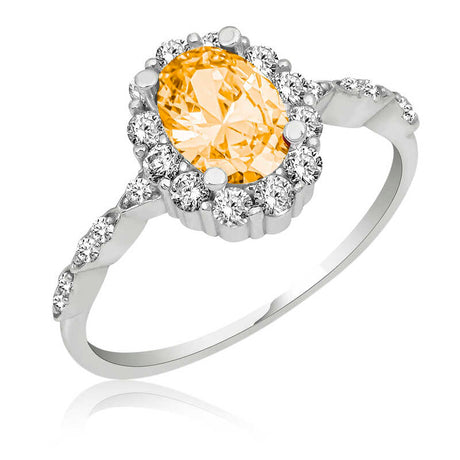 Sterling Silver Yellow Oval Halo Ring - Elegant Statement Sparkle