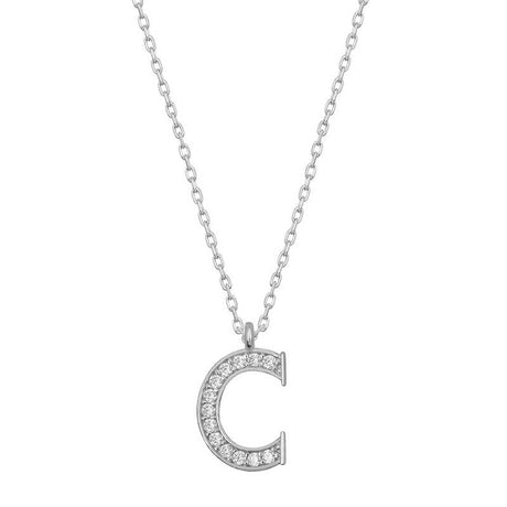 Rhodium Plated Sterling Silver C Initial Necklace - Sparkling Pave