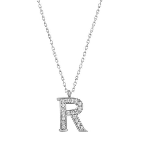 Initial Necklace - Rhodium Plated Sterling Silver Zirconia Letter R