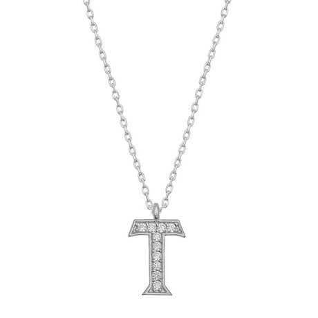 Necklace - Rhodium Plated Silver Initial T with Pave CZ Stones