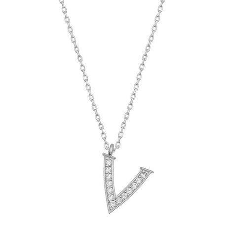 Rhodium Plated Sterling Silver V Initial Pendant Necklace