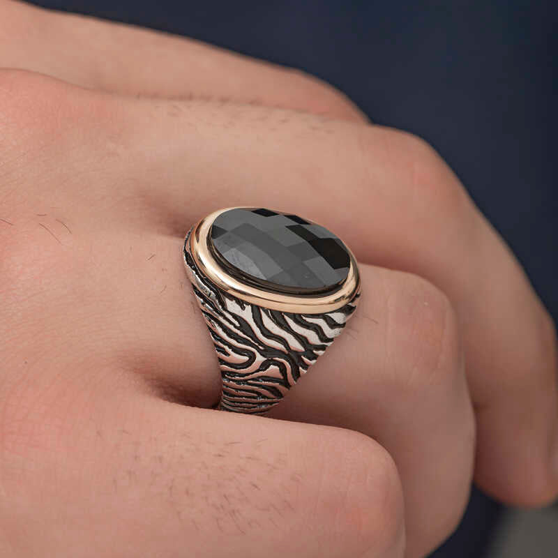 Premium Mens Silver Ring with Faceted Black Zircon Stone