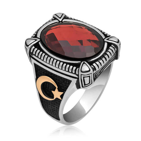 Premium Sterling Silver Mens Red Zircon Stone Ring