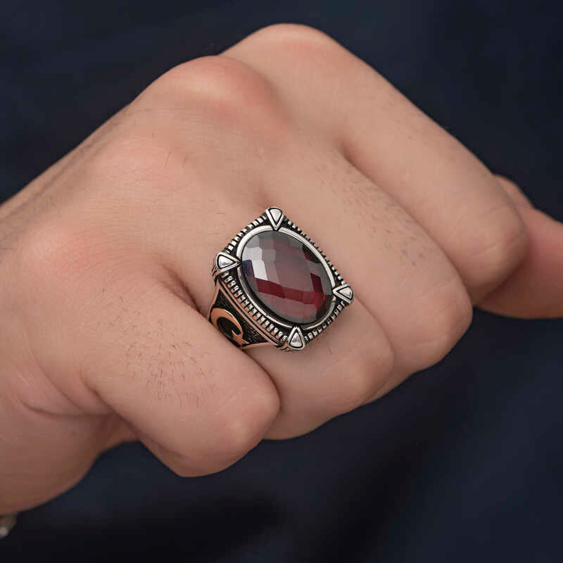 Premium Sterling Silver Mens Red Zircon Stone Ring