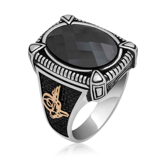 Premium Mens Sterling Silver Ring Black Zircon Ottoman Tughra