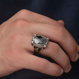 Premium Mens Sterling Silver Ring Black Zircon Ottoman Tughra