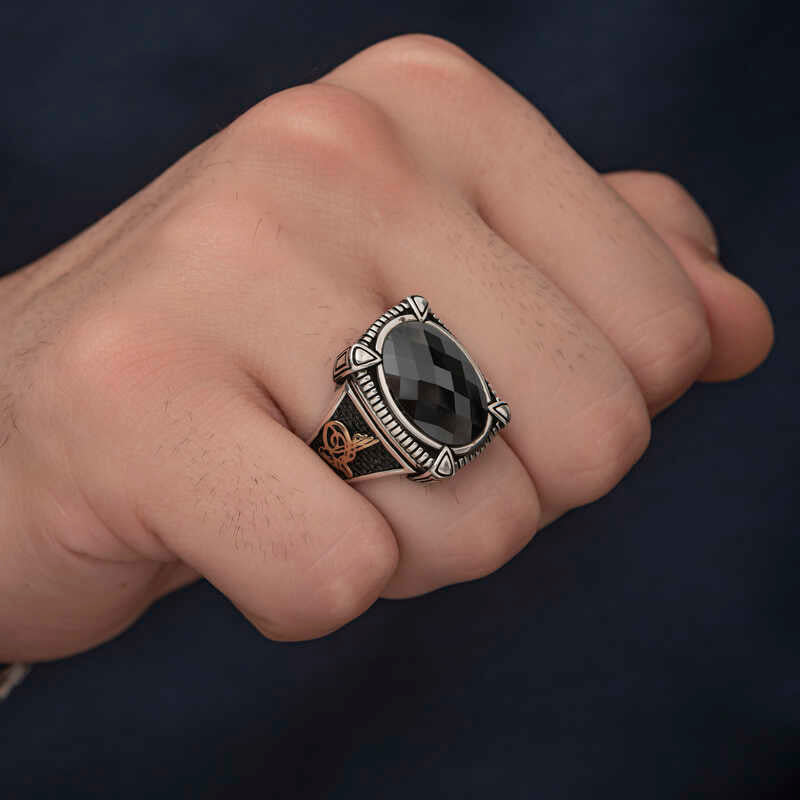 Premium Mens Sterling Silver Ring Black Zircon Ottoman Tughra