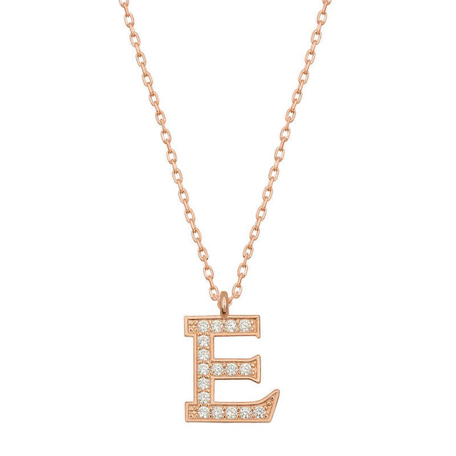 Pendant Necklace - Rose Gold Plated Initial E with Sparkling Cubic Zirconia