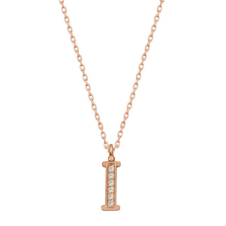 Rose Gold Plated Silver Initial 'I' Necklace - Dainty Diamond Accents