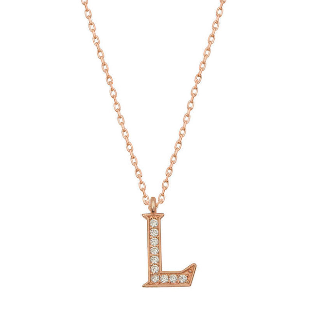 Rose Gold Plated Silver Initial Necklace - Sparkling 'L' Letter Pendant