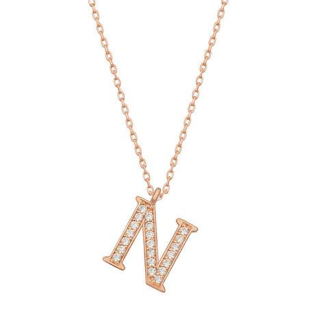 Rose Gold Plated 'N' Initial Necklace - Sparkling Zirconia