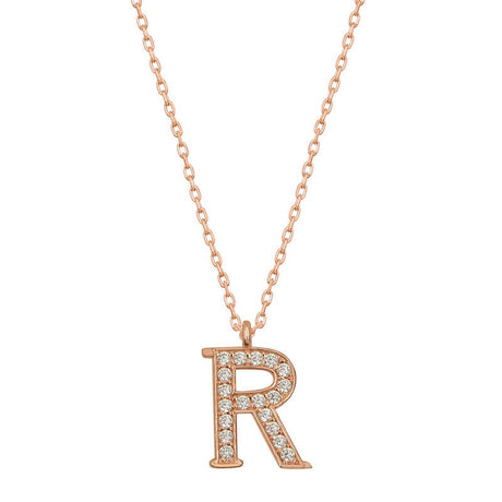 Rose Gold Plated Initial R Necklace - Sparkling Pave Letter Pendant