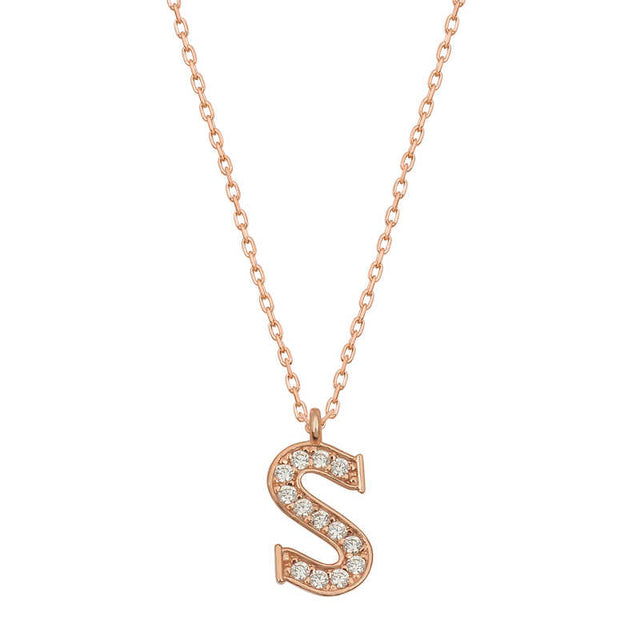 Rose Gold Plated Initial 'S' Necklace - Pave Set Cubic Zirconia