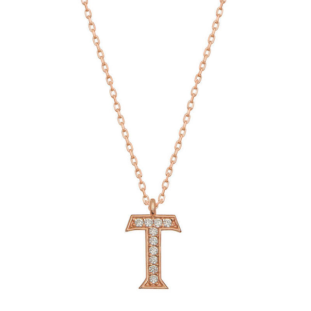 Necklace - Rose Gold Plated Dainty Sparkling Pave Initial T Pendant