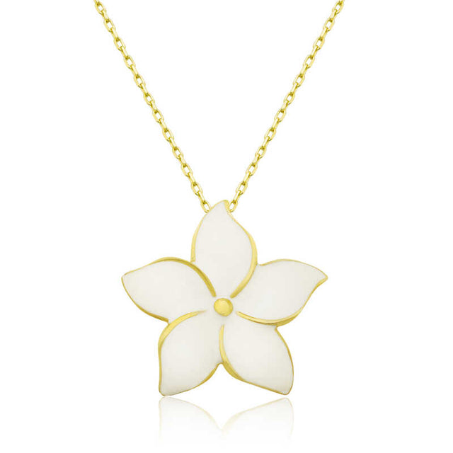 Jasmine Flower Necklace - Gold-Tone Silver & White Enamel Dainty Floral Design