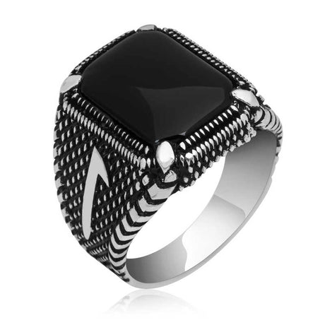 Premium Mens Sterling Silver Onyx Elif Motif Ring
