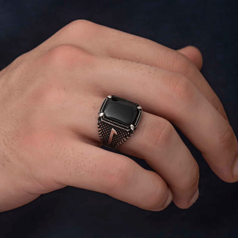 Premium Mens Sterling Silver Onyx Elif Motif Ring