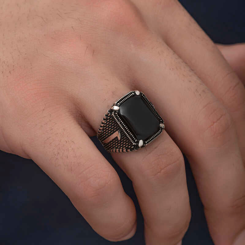 Premium Mens Sterling Silver Onyx Elif Motif Ring