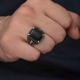 Premium Mens Sterling Silver Onyx Elif Motif Ring