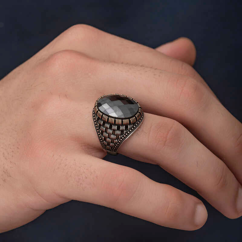 Premium Men's Sterling Silver Ring with Black Zircon Stone