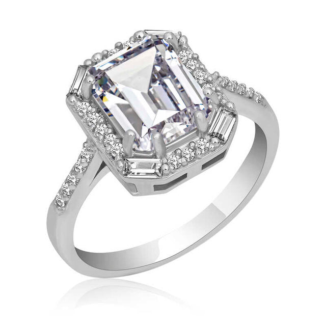 Statement Ring - Sterling Silver Emerald Cut Halo Design