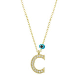 Gold Plated Silver Initial C Necklace - Zirconia & Evil Eye Charm