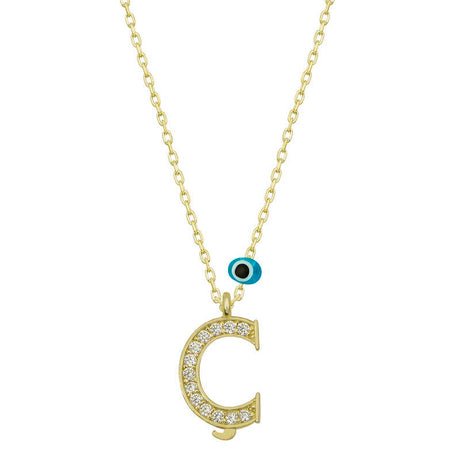 Dainty Gold-Tone Zirconia C Initial Necklace with Evil Eye Charm