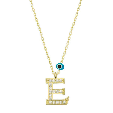 Gold-Tone Initial 'E' Necklace - Sparkling Stones & Evil Eye Charm