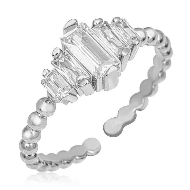 Adjustable Ring - Sterling Silver Modern Baguette Crystal Design