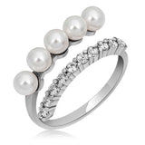 Sterling Silver Double Band Ring - Elegant Pearl & Sparkling Stone Design