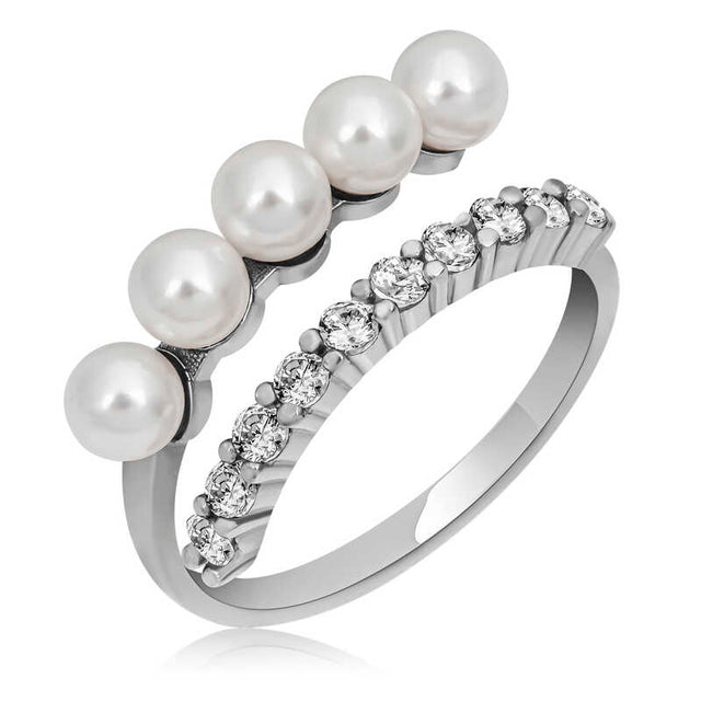 Sterling Silver Double Band Ring - Elegant Pearl & Sparkling Stone Design