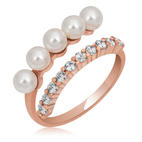 Rose Gold Plated Pearl & Cubic Zirconia Dual Band Ring