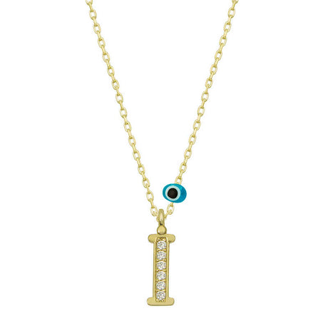 Gold-Tone Initial 'I' Necklace with Zirconia & Evil Eye Charm