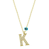 Gold Plated K Initial Necklace - Zircon & Evil Eye Charm