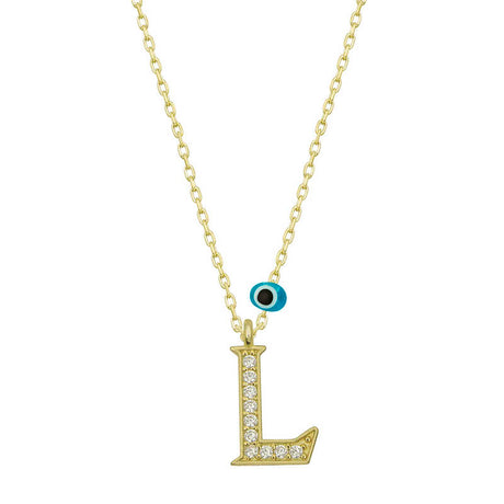 Gold-Tone Initial Necklace - Cubic Zirconia 'L' Letter & Evil Eye Charm