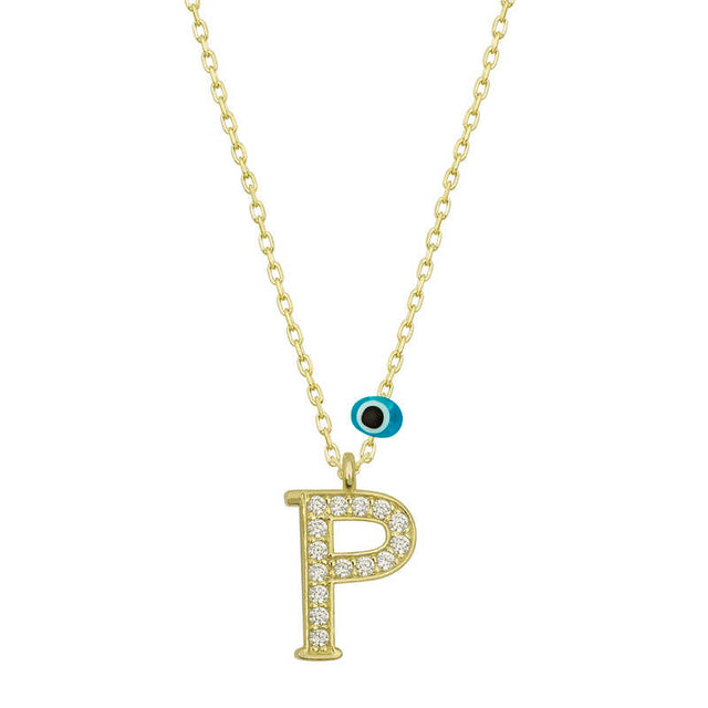 Gold-Tone Letter P Necklace with Zirconia & Dainty Evil Eye Charm