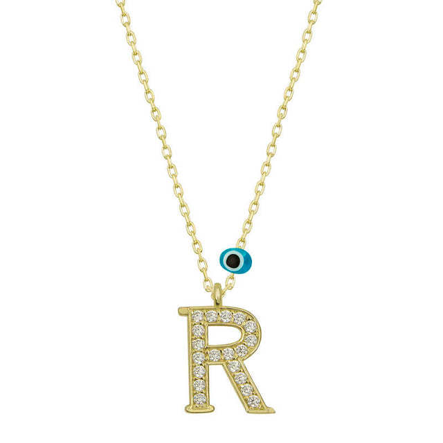 Gold-Tone Initial R Necklace - Zirconia & Evil Eye Charm